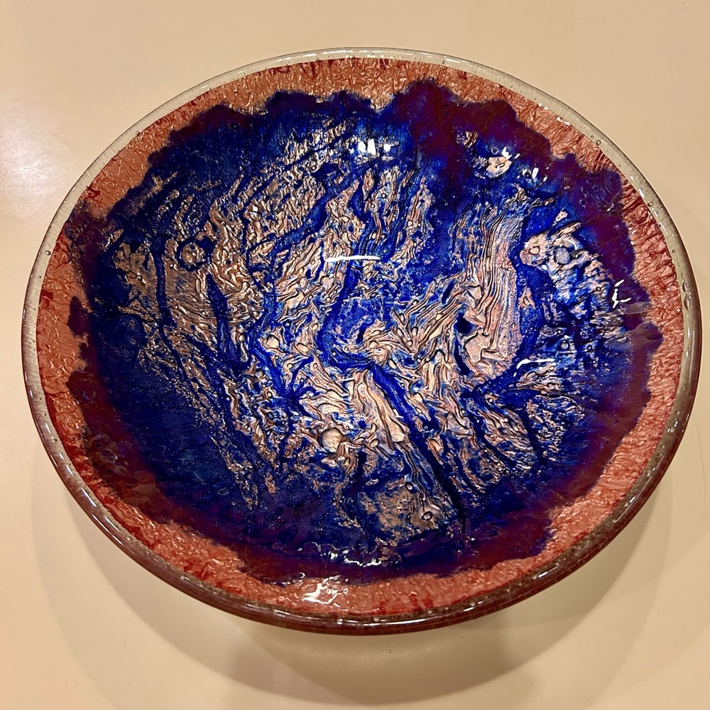 Jones Glassworks Handcrafted Copper Fused Cobalt Blue And Red Glass Art
